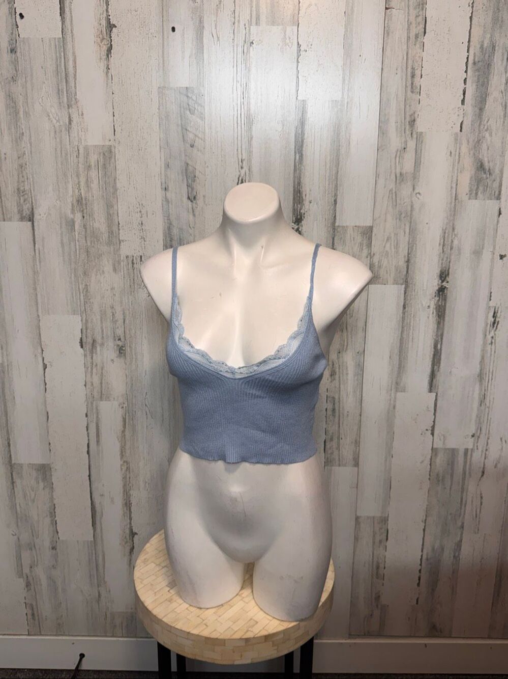 SHEIN Light Blue Ribbed Knit Lace Trim Cami Crop Top Spaghetti Strap Womens M 6